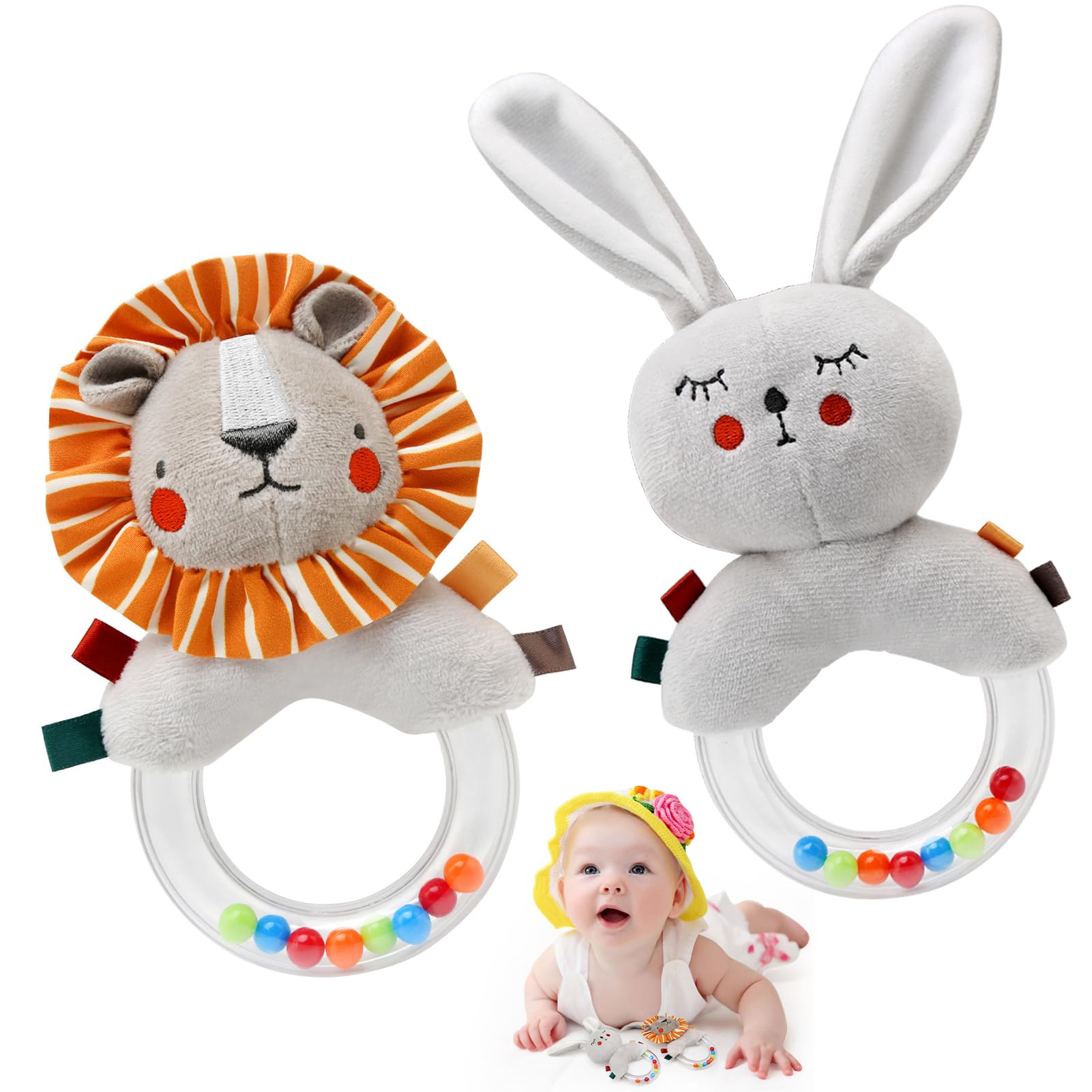 Joylife Baby Rattles Infant Toy Newborn Sensory Montessori Teether Chew Plush Animal Toy for Boys Girls 0-12 Months Gift