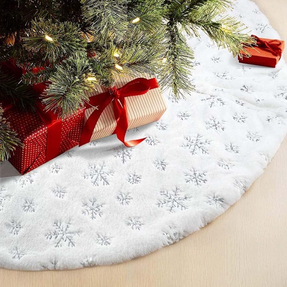 RongXuan Christmas Tree Skirt Plush Round Christmas Tree Blanket with Sequins Snowflake Christmas Tree Stand Carpet Tree Blanket 35 Inches Silver