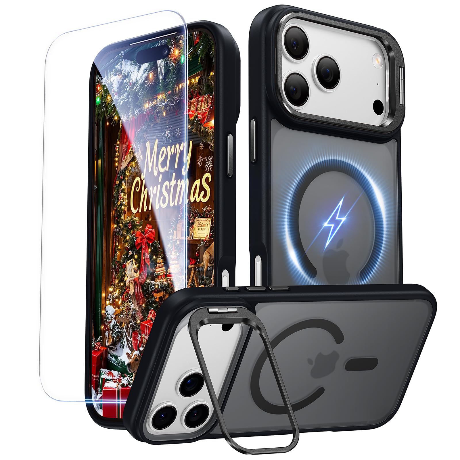 Peerock for iPhone 17 Pro Max Case with Stash Lens Stand and 9H Screen Protector, Compatible with MagSafe, Military-Grade Drop Protection Phone Case for iPhone 17 Pro Max, 360° Full Protection, Black