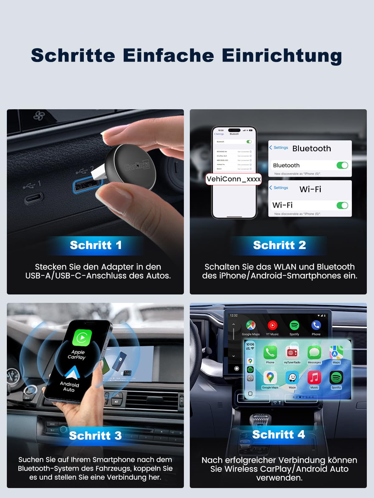 Carlinkit Mini Ultra Wireless CarPlay & Android Auto Adapter, Konvertieren Sie werkseitig kabelgebunden auf Wireless, USB-A/USB-C Schnelle Verbindung für iOS 10+ & Android 11+, Plug & Play Car Play 5
