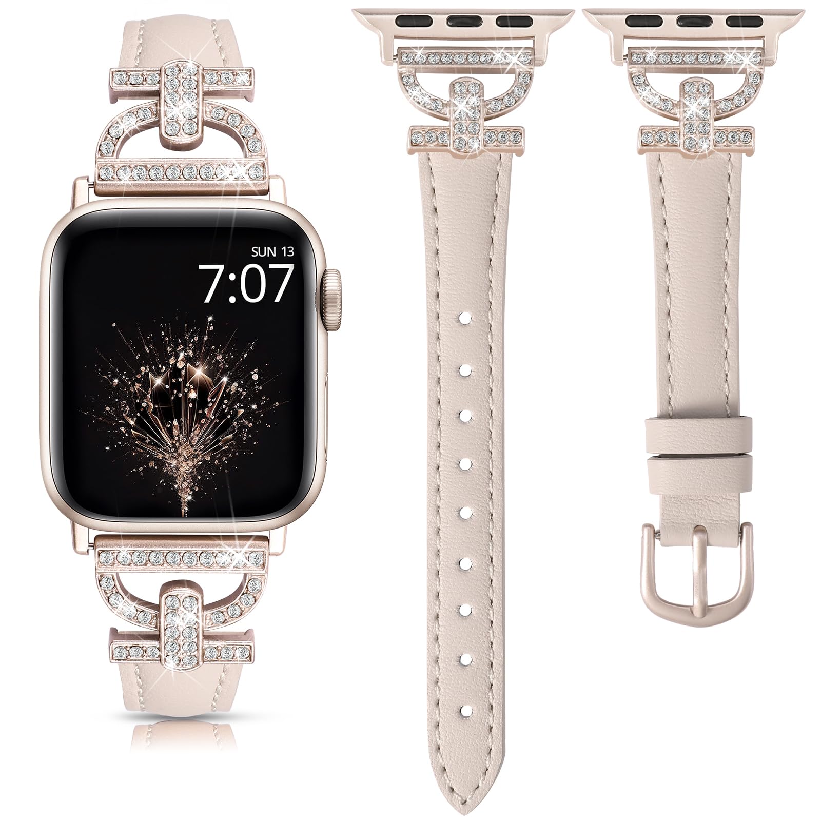 TOYOUTHS Leather Strap Compatible with Apple Watch Straps 41/42/38/40mm Women Slim Band D-Shaped Metal Buckle Rhinestones Luxury Bracelet for iWatch 11 10 9 8 7 6 5 4 SE 3 2 1, Starlight/Starlight