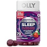 OLLY Max Strength Sleep Gummy, 10mg Melatonin, L-Theanine, Chamomile, Lemon Balm, Sugar Free, Vegetarian Sleep Aid, Strawberry - 70 Count