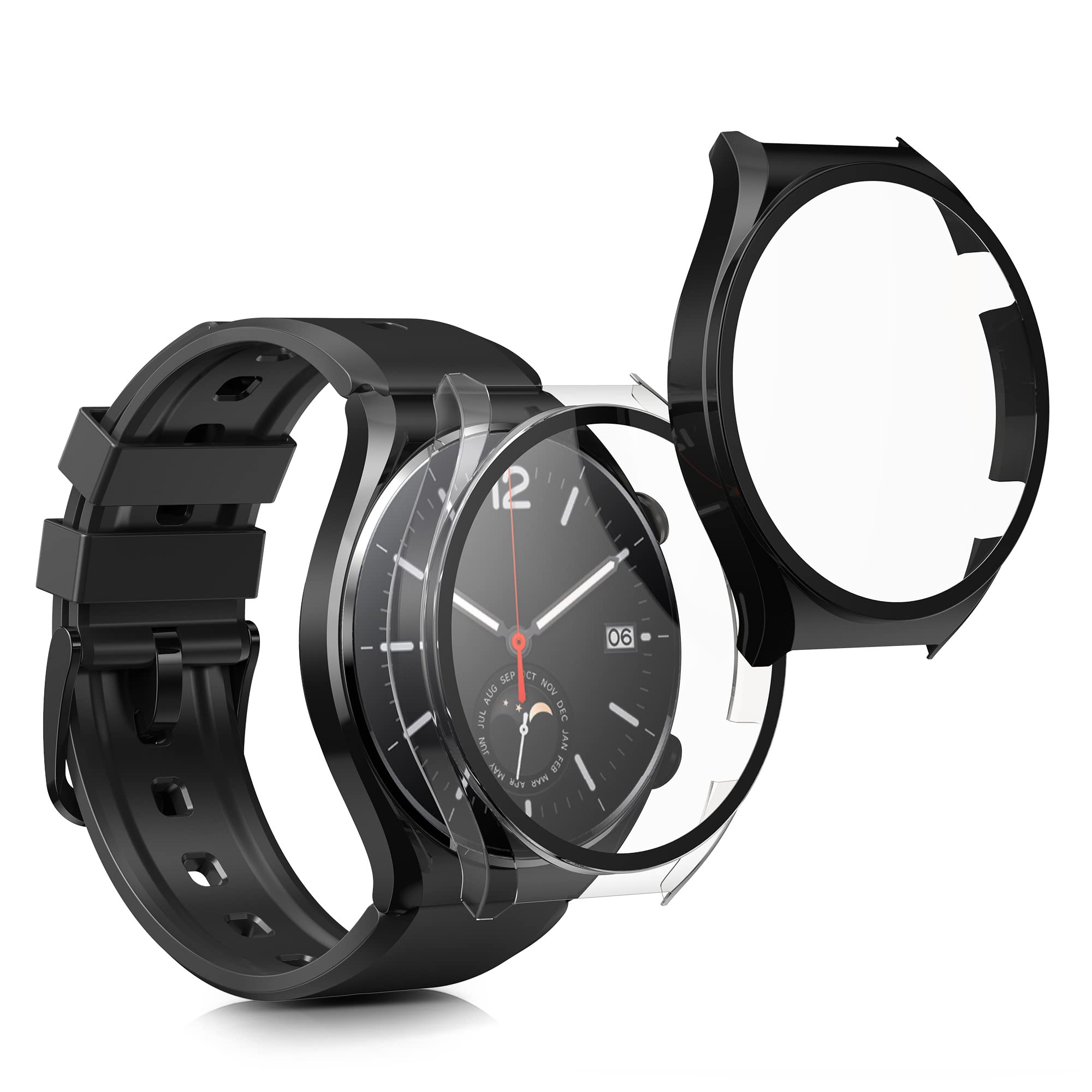 kwmobile Cover Compatible with Xiaomi Watch S1 Covers - 2x Tempered Glass with Plastic Frame - Black/Transparent
