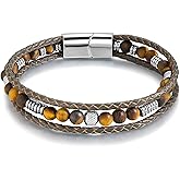 TRUMIUM Beaded Leather Bracelet for Men Women Braided Natural Tiger Eyes Men's Bracelets Brown Multi-Layer Jewelry for Him 7.5/8.3/9 Inch Length