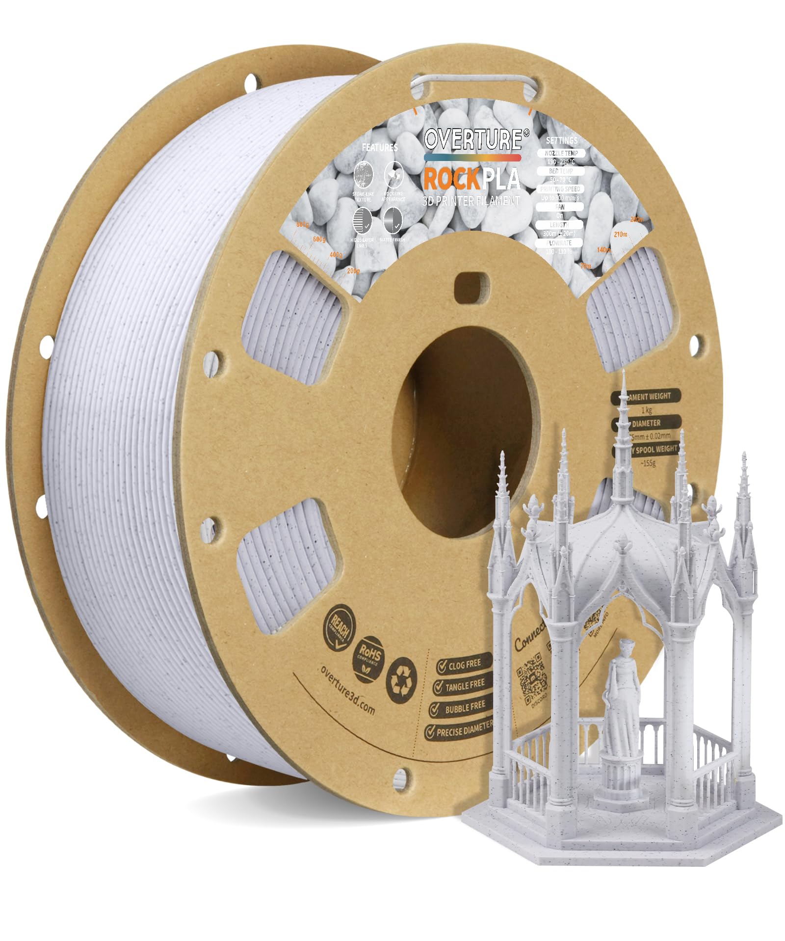 OVERTURE Marble PLA Filament 1.75mm, Realistic Rock Visualization, Stone PLA 3D Printer Filament 1kg Spool (2.2lbs), Accuracy +/- 0.02 mm, Fit Most FDM Printer (Rock White)