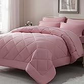ELNIDO QUEEN® Queen Comforter Set - 7 Pieces Bed in a Bag Queen Size, Bed Set for All Seasons, Blush Pink Ultra Soft Bedding Sets with Comforter, Flat Sheet, Fitted Sheet, Pillowcases and Pillow Shams