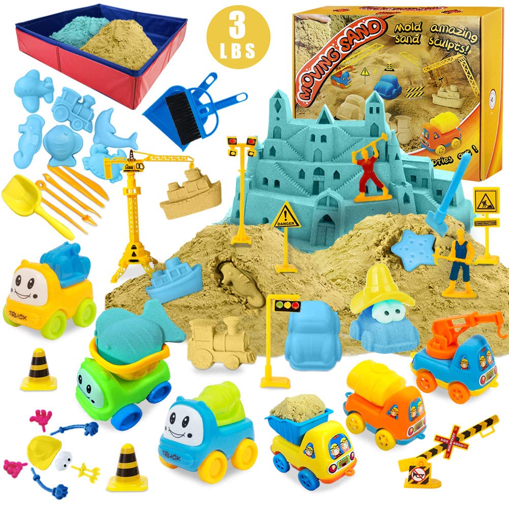 Play Construction Sand Kit - 3lbs Sand with 2 Colours, 6 Mini Construction Trucks, Construction Toys and Signs Gifts for Boys Girls