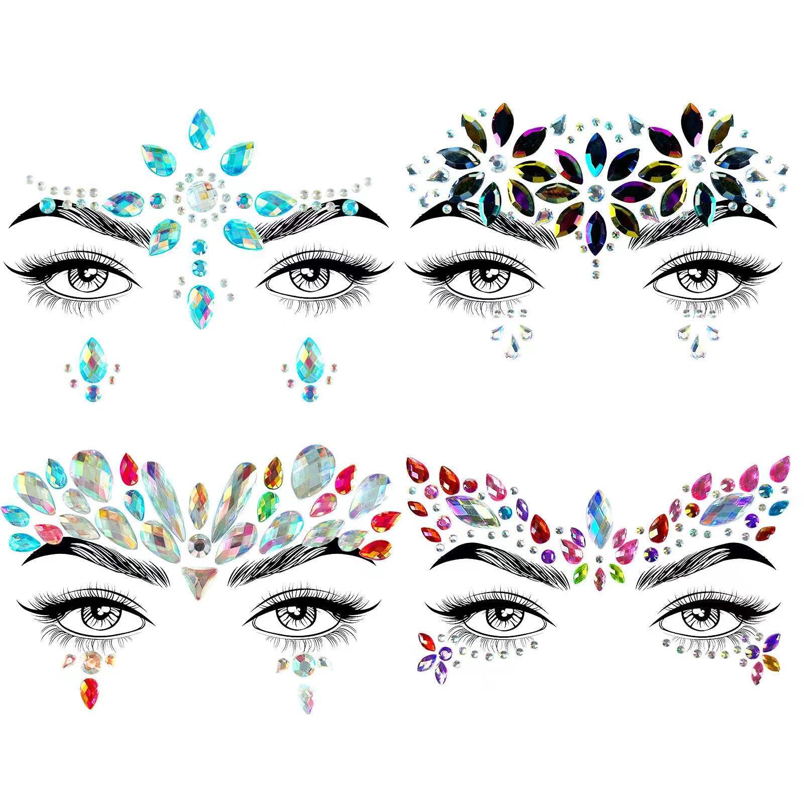 Photo 1 of 4 Sets Face Jewels Face Gems Mermaid Glitter Rhinestone Crystal Stickers Waterproof Eyes Face Temporary Tattoos for Party,Rave Festival,Carnival,Holiday Costumes,Rave Accessories,Makeup