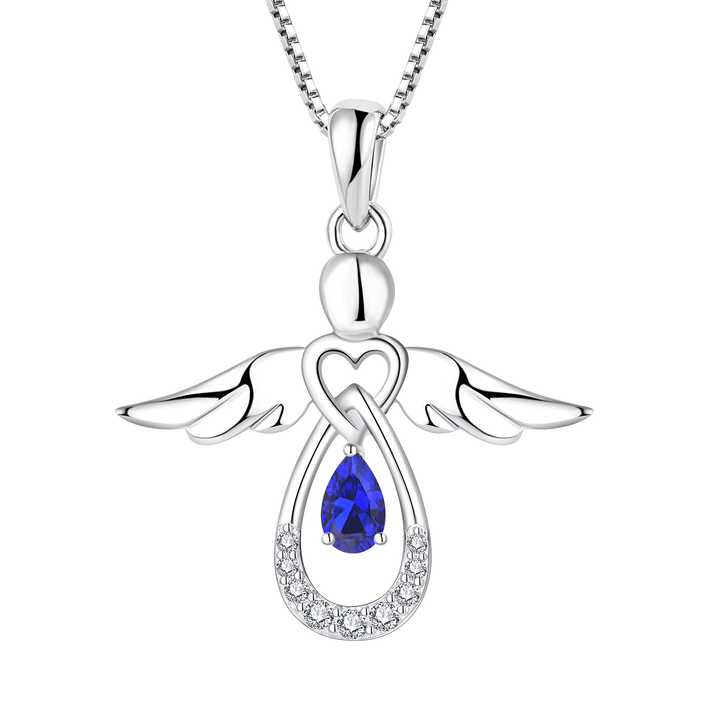 FJ Guardian Angel Necklace 925 Sterling Silver Angel Pendant Sapphire Necklace September Birthstone Jewellery for Women