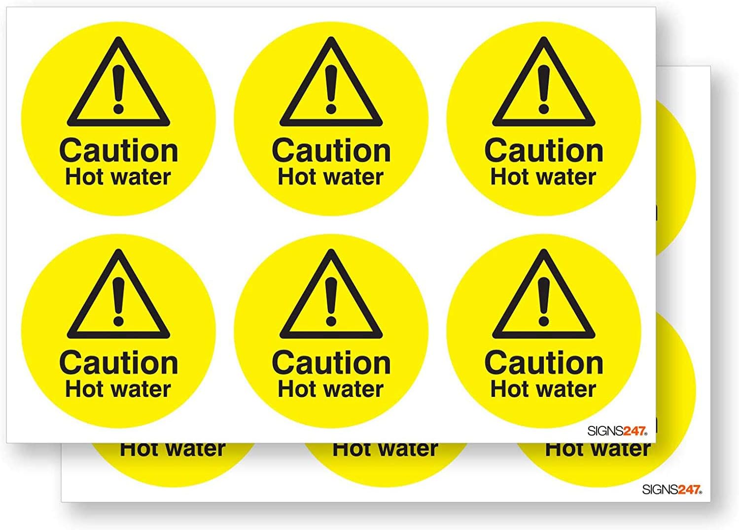 Caution Hot Water Safety Stickers Sign - 12 Pack Self Adhesive 65mm Diameter Vinyl Signs, Yellow