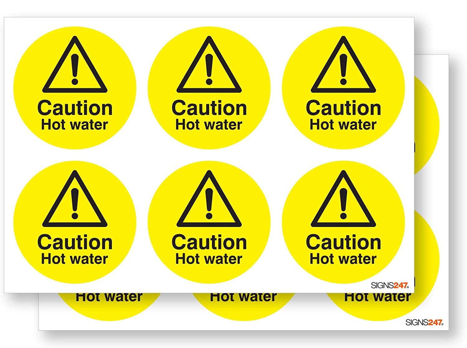 Caution Hot Water Safety Stickers Sign - 12 Pack Self Adhesive 65mm Diameter Vinyl Signs