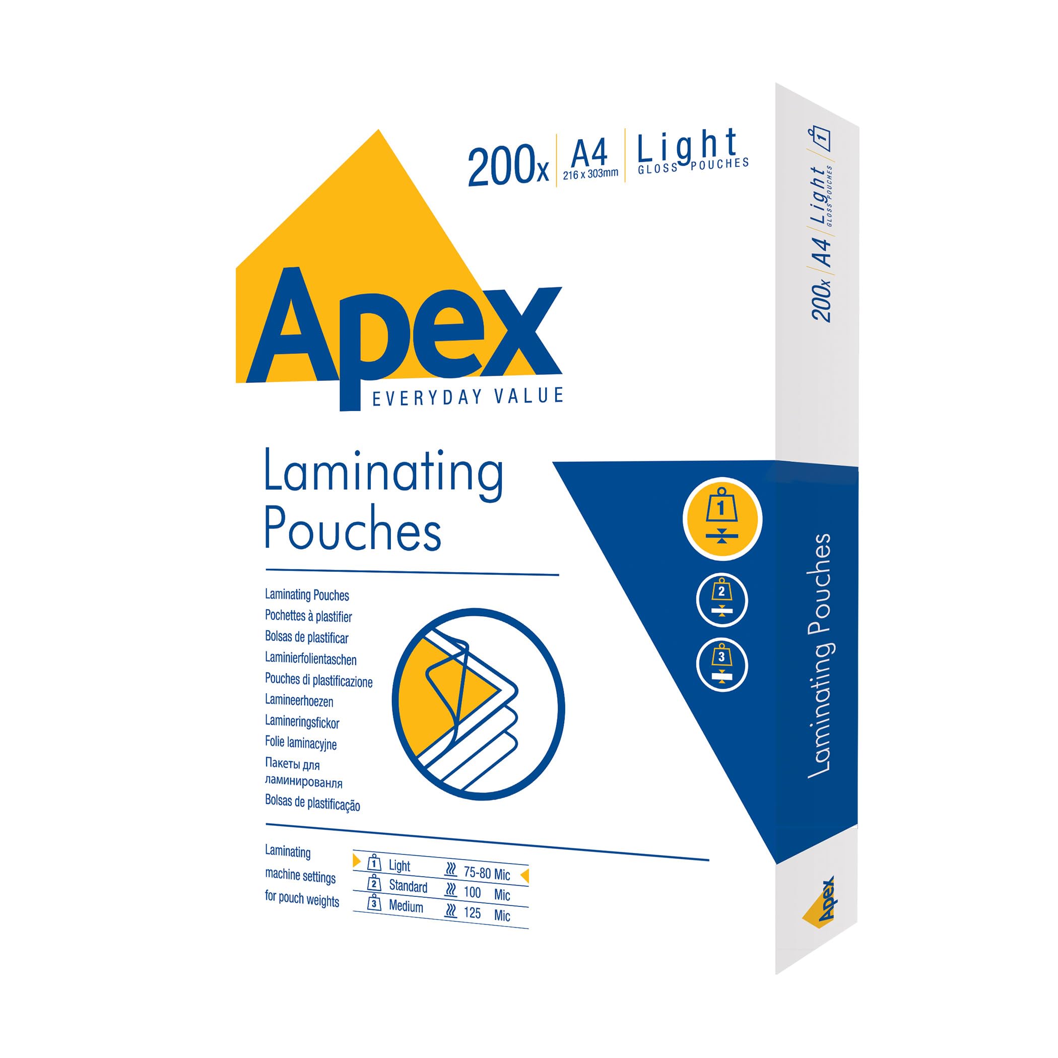 Fellowes Apex A4 Laminating Pouches, Glossy Finish, 200 Sheets - Light Duty Value Pack - Ideal for Notices, and Photos — image 1