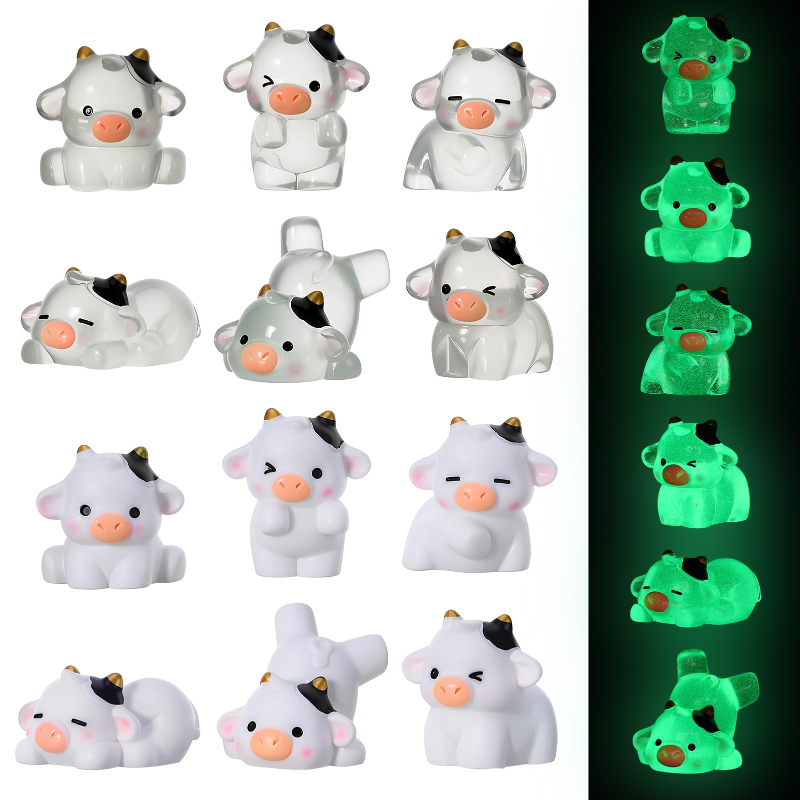 GSrenyu 12 Pcs Mini Cow Figurines Tiny Resin Luminous Animals Mini Resin Figures Little Plastic Animals Miniature Animal for Garden Aquarium Tabletop Dollhouse Landscape Birthday Party Decor DIY