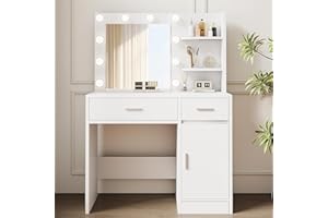 LIVELYGLOW Lighted Makeup Vanity Desk, 35.4“W x 15.7'”D x 54“H, White (with Lights and Mirror, Dimming Function, 2 Drawers and 1 Cabiniet, Open Shelves) by Boahaus