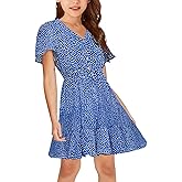 UMEKO Girls Polka Dot Print Midi Dress Button Down V Neck Short Sleeve Ruffle Casual Dresses
