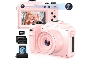 CAMCORDY Cameras for Photography,4K Pink Digital Camera Anti-Shake 64MP Compact Vlogging Camera with 18X Zoom,Travel Autofocus,Point and Shoot Camera with 64GB TF Card,2 Batteries,Dual Charger for Beginner