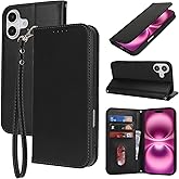 Jaorty Fit for iPhone 16 5G Phone Case Wallet with Wrist Strap for Women Men,Wallet Case for iPhone 16 with Card Holder,Cash Pocket PU Leather Strong Magnetic with Kickstand,6.1" Black