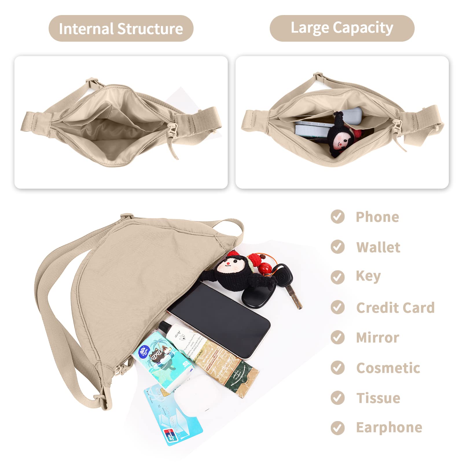Nylon Crescent Crossbody Bag for Women Purses Trendy Men,Small Travel Sling Bag Hobo