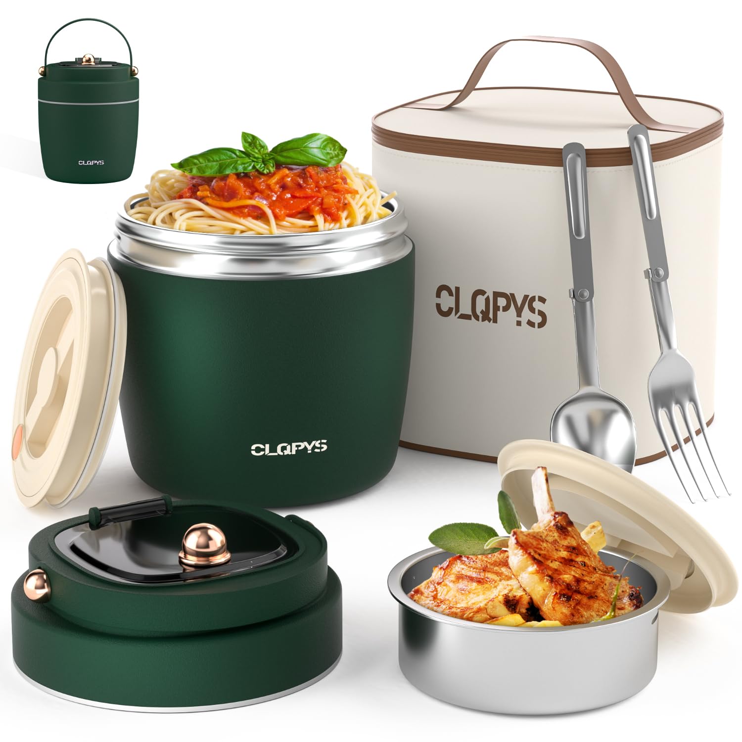 Photo 1 of 40oz Stainless Steel Vacuum Insulated Food Jar for Adults Wide Mouth Lunch Container with Spoon Fork and Carrying Bag Leak-Proof Soup Thermo Bento Box for Hot Food and Cold Food | Office, Travel Green