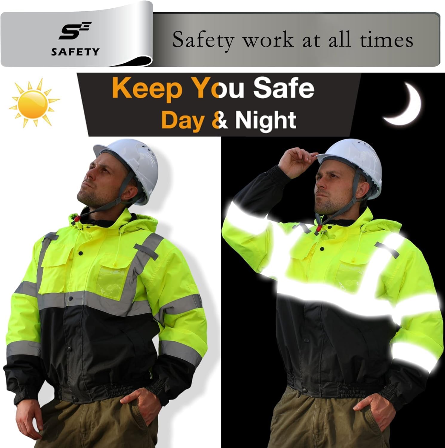sesafety Reflective Jacket for Men, High Visibility Jackets, Safety Jackets for Men, Hi Vis Construction Bomber Jackets Waterproof with Pockets and Zipper, Black Bottom, Class 3