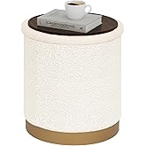 PINPLUS Round White Boucle Storage Ottoman, 14.7"x14.7"x16.3" – Soft Teddy Footstool with Hidden Storage for Bedroom & Apartment, 220 LBS Capacity