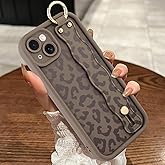 MOWIME Compatible with iPhone 14 Plus Case with Wrist Strap, [Upgraded] Adjustable Wristband Kickstand Case for Women Girls, Cheetah Print Shockproof Silicone Protective Case 6.7 Inch, Brown