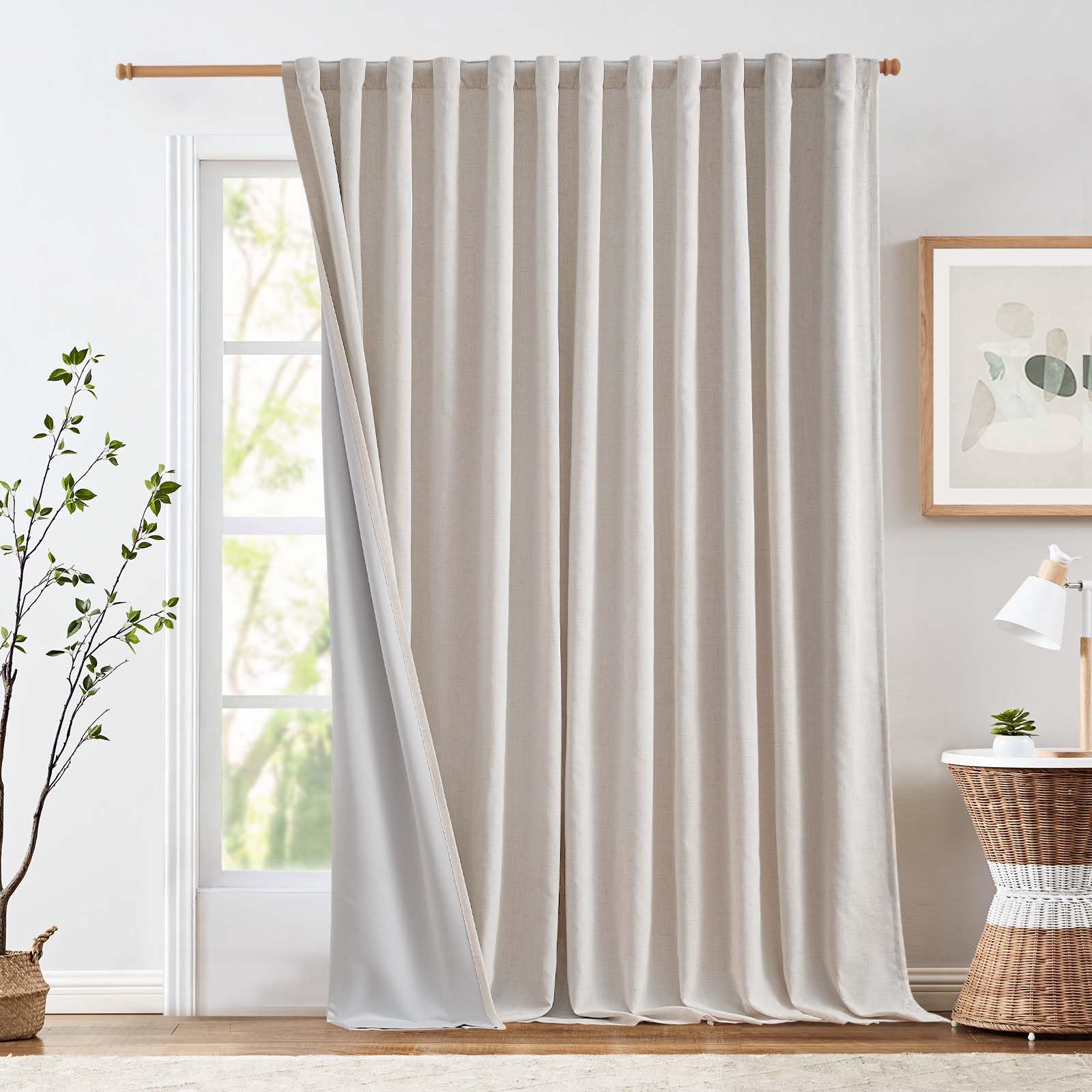 Photo 1 of jinchan Linen 100% Blackout Curtain for Living Room Sliding Glass Door 100Wx96L Inches Crude Extra Wide Farmhouse Thermal Insulated Curtain Rod Pocket Back Tab Window Drape 1 Panel, Ecru