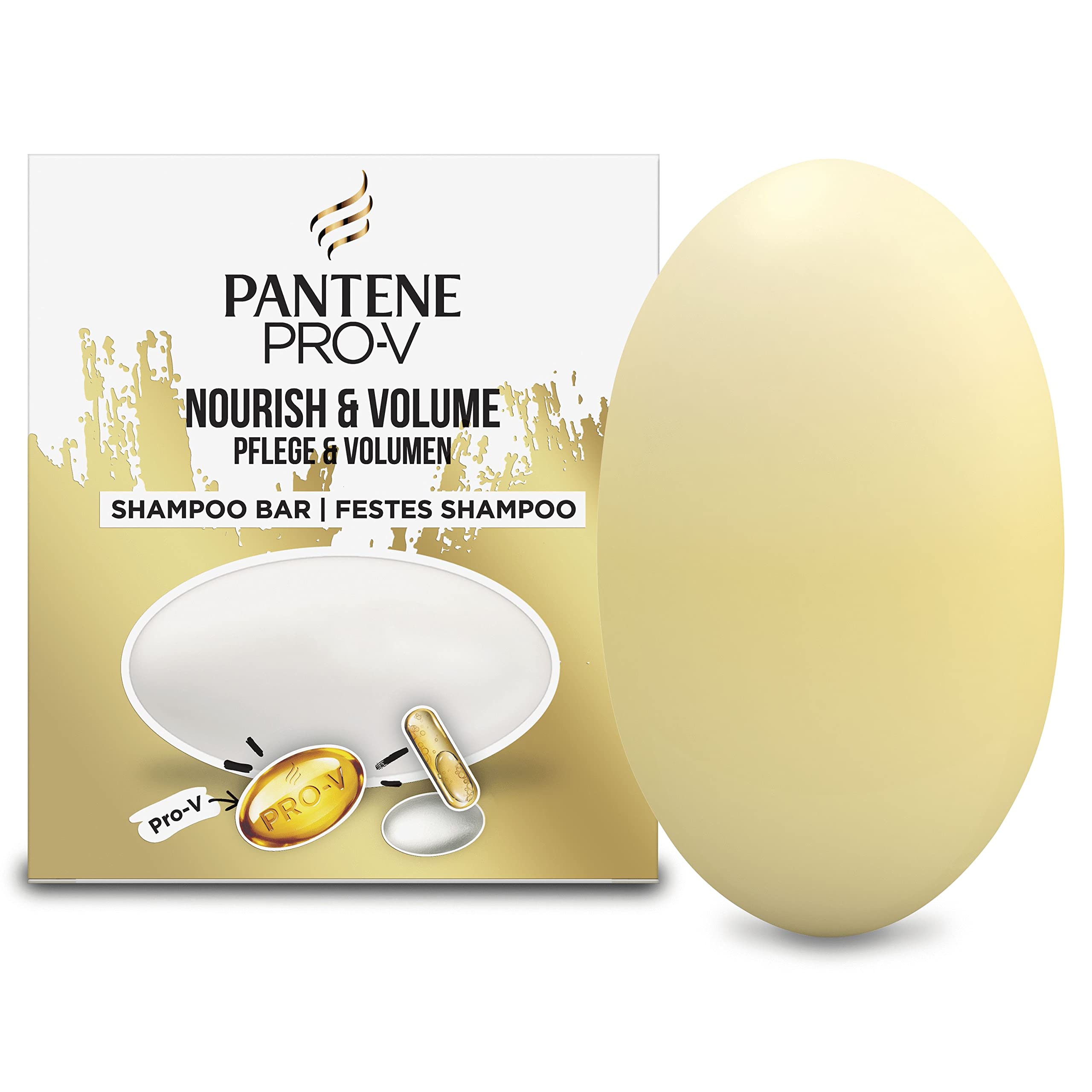 Pantene Nourish & Volume Vegan Shampoo Bar with Pro-vitamins, Solid Travel Toiletries for Damaged & Dry Hair (70G) Rich Lather, 97% Natural Origin, Cruelty Free & Recyclable Box