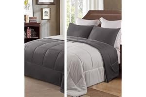Exclusivo Mezcla Lightweight Reversible 3-Piece Comforter Set All Seasons, Down Alternative Comforter with 2 Pillow Shams, Queen Size, Grey