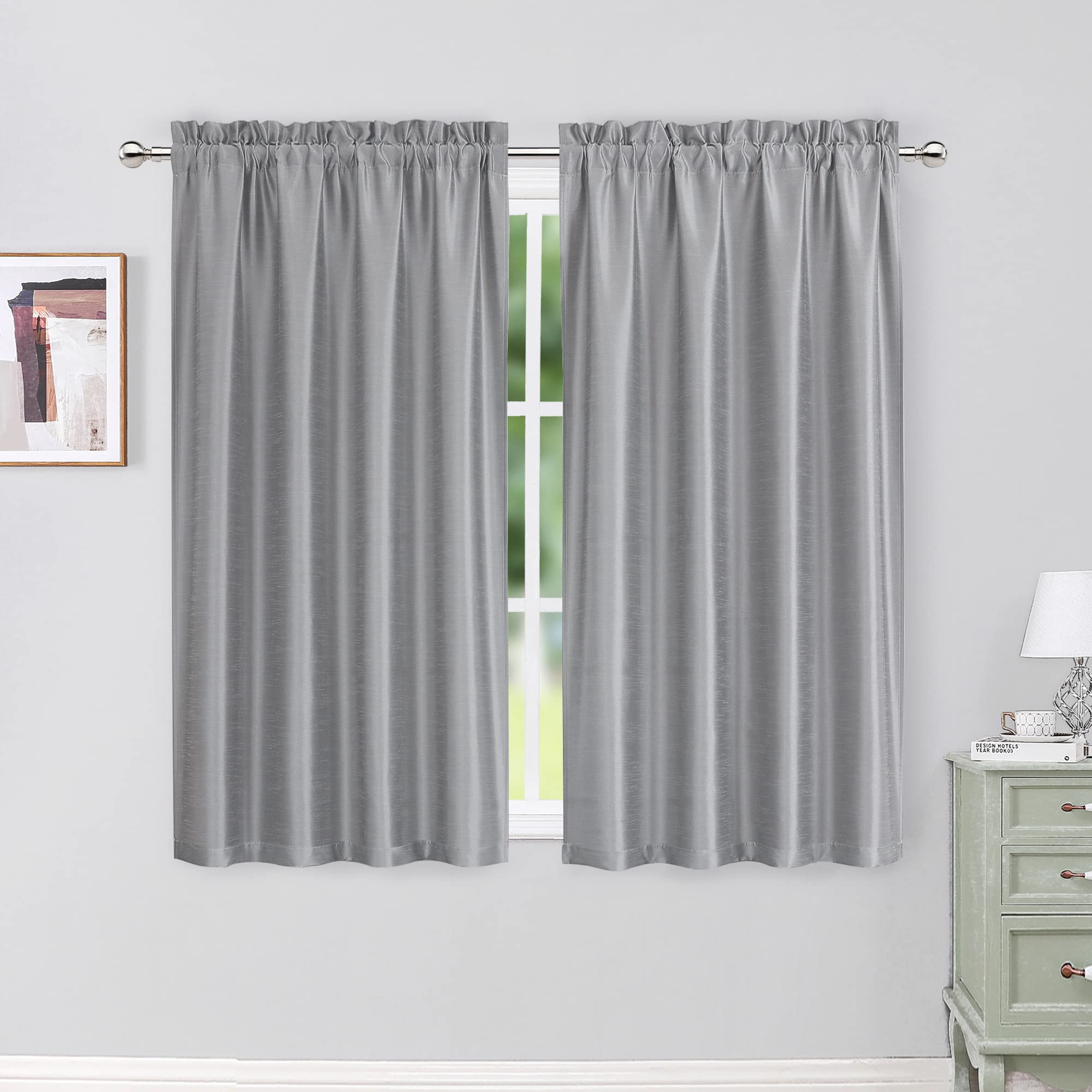 Photo 1 of Chyhomenyc Uptown Faux Silk Silver Grey Curtains 63 Inch Length 2 Panels for Bedroom, Room Darkening Shiny Silver Grey Soft Fabric Rod Pocket Window Drapes for Living Room, Each 40x63 Inches