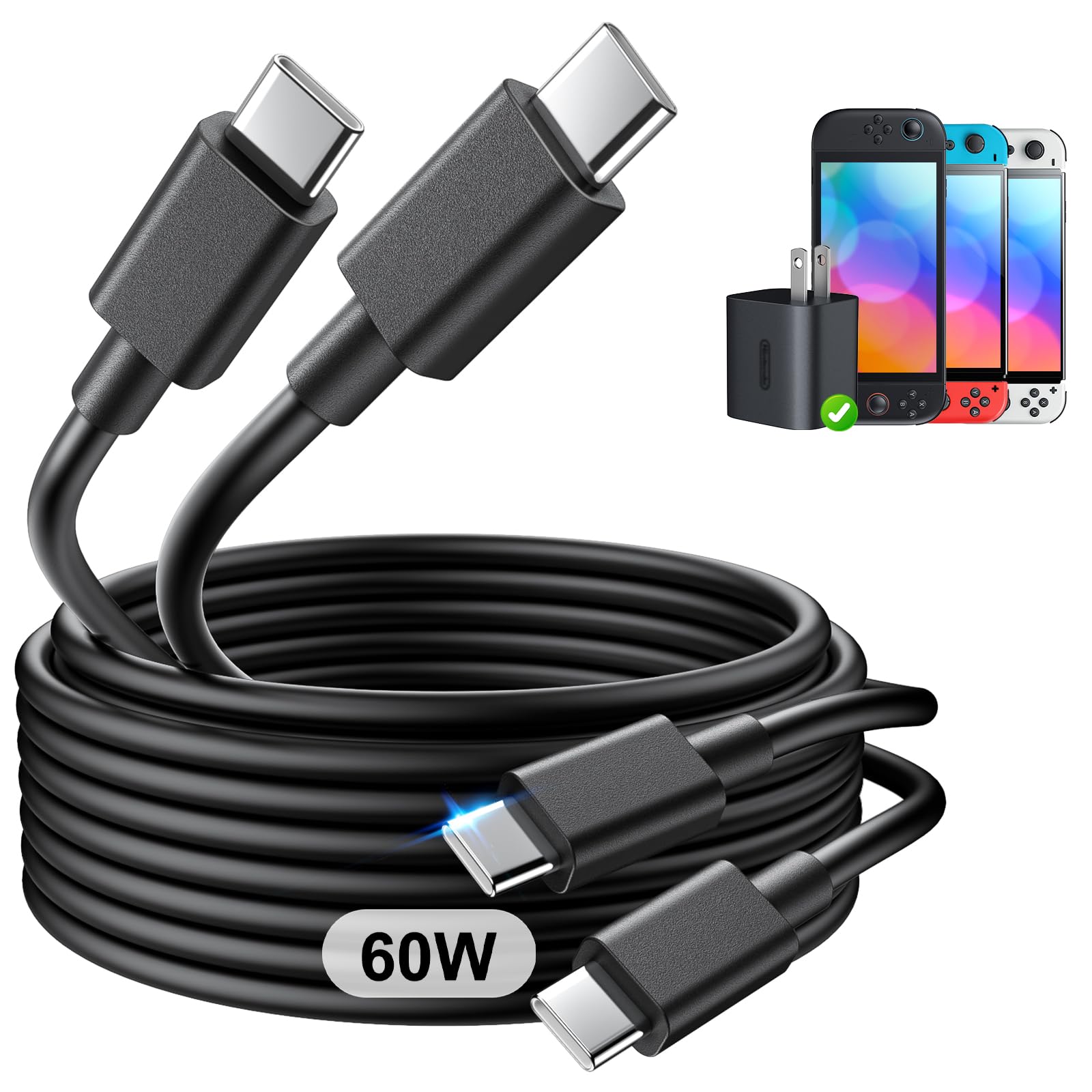 MENEEA 2-Pack Switch 2 Fast Charging Cable for Nintendo 2 Original Adapter,5FT 60W USB-C Charger,[AC Adapter Replacement Cord ] Accessories for Switch 2/Official Adapter,Support TV Dock