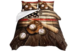 HOSIMA American Flag Baseball Bedding Set,Brown Sports Theme Baseball Comforter Set for Teens Boys,Stars and Stripes Print Softball Bedding for Boys Room Decor with 2 Pillowcases.