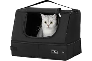 PETSFIT Portable Travel Cat Litter Box – Collapsible, 2-Layer Leak-Proof Washable Liner with Sturdy Support Frame, for Hotel/Car/Camping, Cat Travel Essentials for Kitty/Medium Cats Solid Black