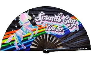 PandaTak Pride Festival Handheld Fan – Large 13" Bamboo Hand Fan Foldable with UV Reactive Ink – Funny Rave Accessory for Parties, Concerts, and Festival Outfits (Sounds Gay I'm In)