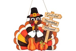 SOPHENA Thanksgiving Decoration Wooden Turkey Pumpkin Door Wreath for Front Door Sign Wall Signs, Thankful Blessed Grateful Pumpkin Sign Hanging for Fall Autumn Harvest Home Halloween Decoration