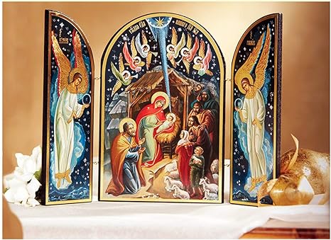 Amazon Co Jp 世界信仰 ロシアのキリストのキリストの降誕のアイコン ロシア正教会 カトリック トリプティック クリスマス 7 1 2 X 10インチ 宗教的なアイコン ホーム キッチン