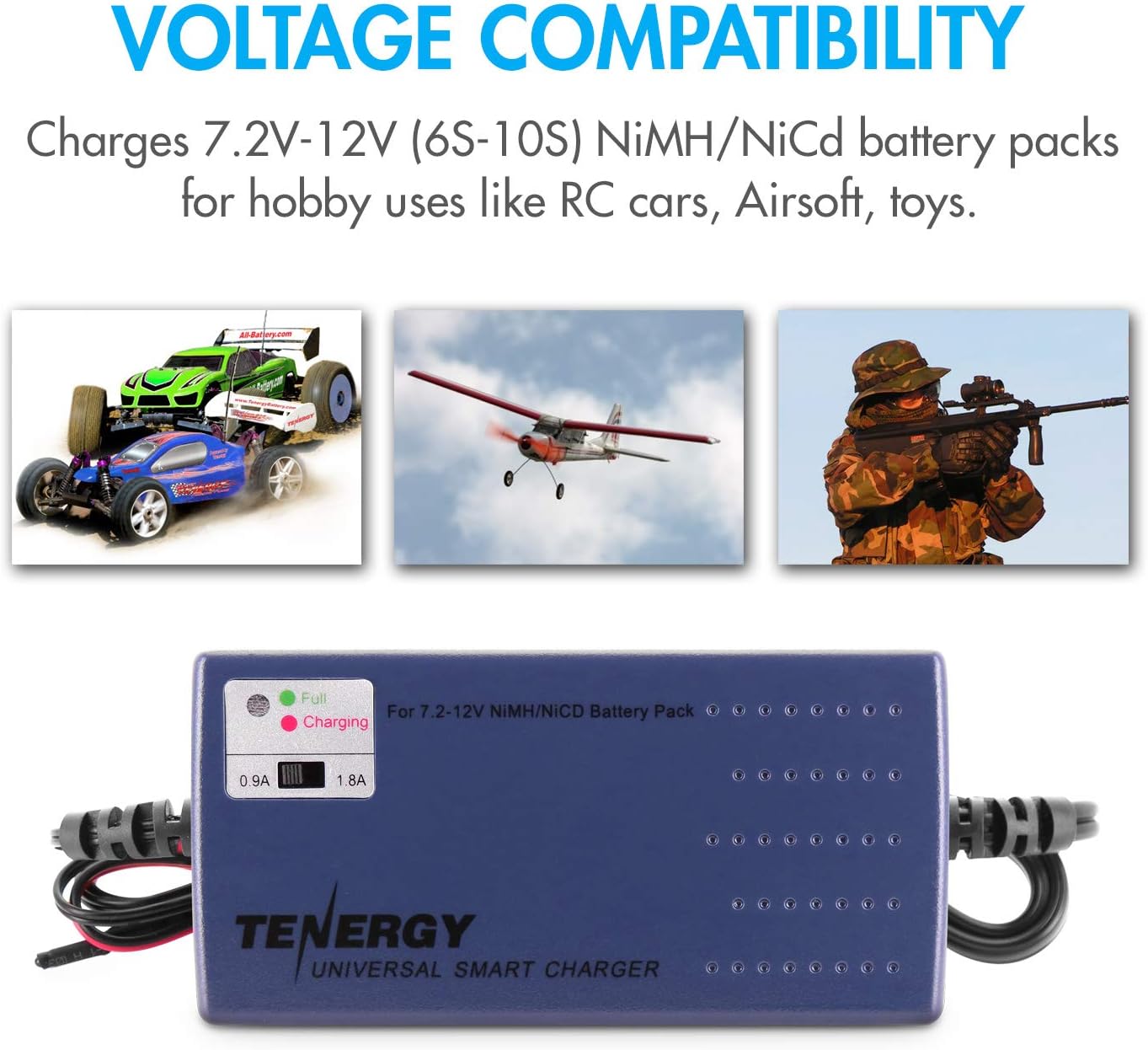 Tenergy RC Battery Charger for NiMH/NiCd 7.2V-12V 6S-10S Battery Packs, Smart Charger for RC Cars, RC Airplanes, Airsoft Batteries, Compatible with Standard Tamiya/Mini Tamiya/Alligator Clip Connector: Home Improvement