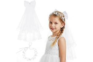 First Communion Veil Set - Catholic White Bow Veil and Flower Crown for Holy Communion Wedding Flower Girl Headpiece