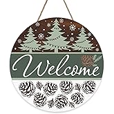 Bolisom Welcome Winter Tree Front Door Sign, Green Farmhouse Pine Cones Snowflake Wood Hanger Outdoor Outside Porch Home Decor, Rustic Christmas Wooden Wreath Indoor Wall Hanging Decoration