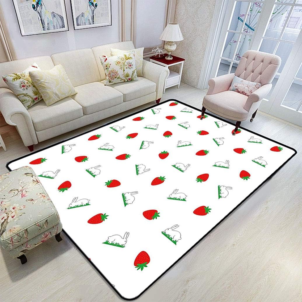 Bunny Area Rug, Cute Bunny on Grass and Strawberries