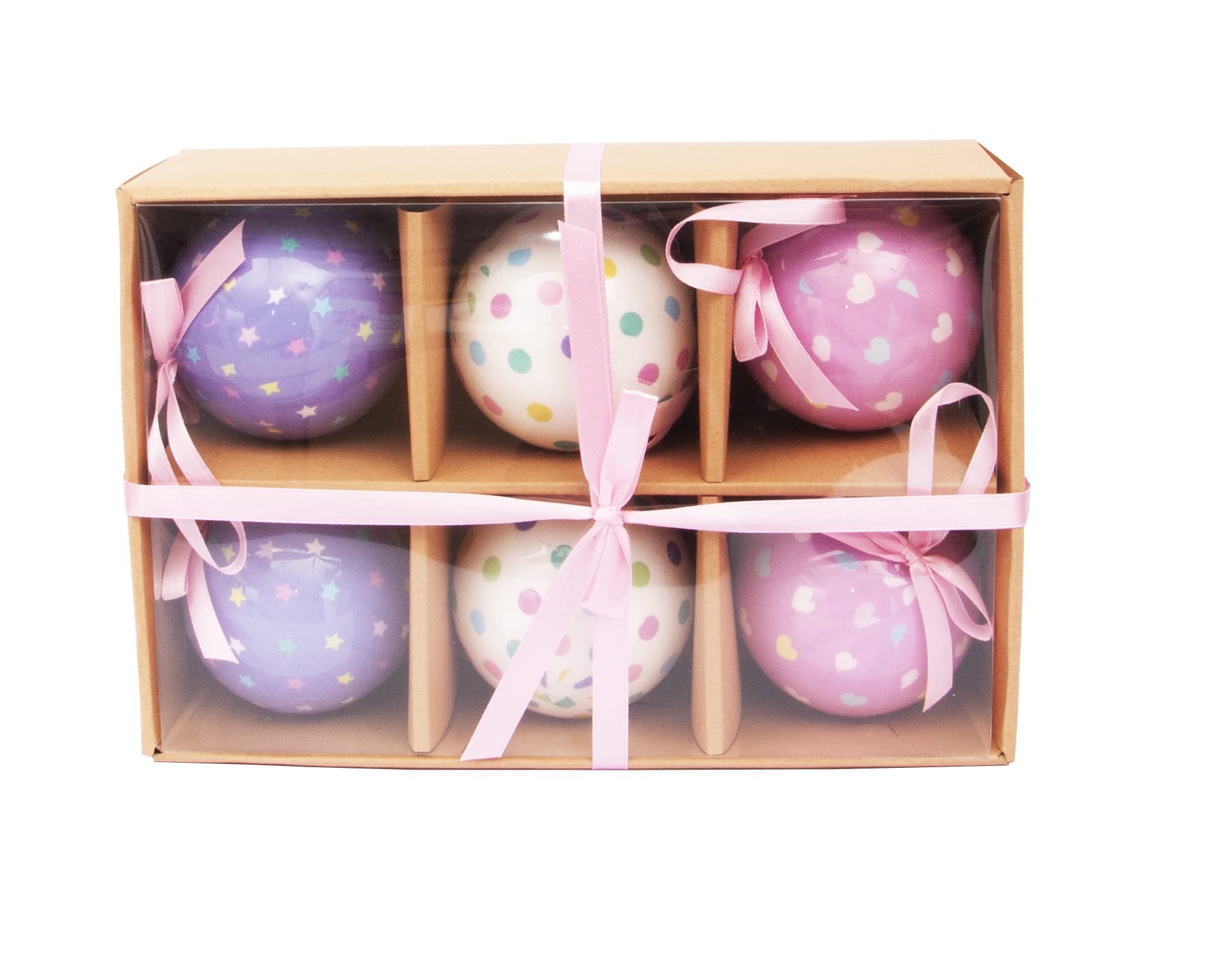 Ciao Set of 6 decoupage Christmas Tree Balls (Ø7,5cm) Dots, Hearts & Stars with fabric ribbon in havana giftbox