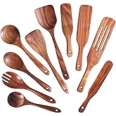 Wooden Spoons for Cooking,GUDAMAYE 10 PCS Wooden Kitchen Utensils Set,Wooden Cooking Utensils For Non-stick Pan,Teak Wood Utensils Set,Spurtles Kitchen Tools As Seen On Tv