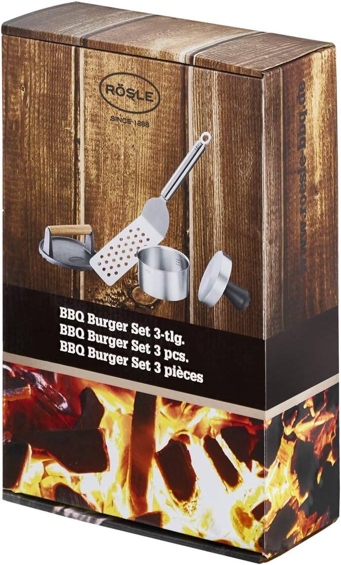 RÖSLE Barbecue burger set 3-piece, with burger press Pro, Barbecue weight and burger turner, 18/10 Stainless Steel, enamelled cast iron