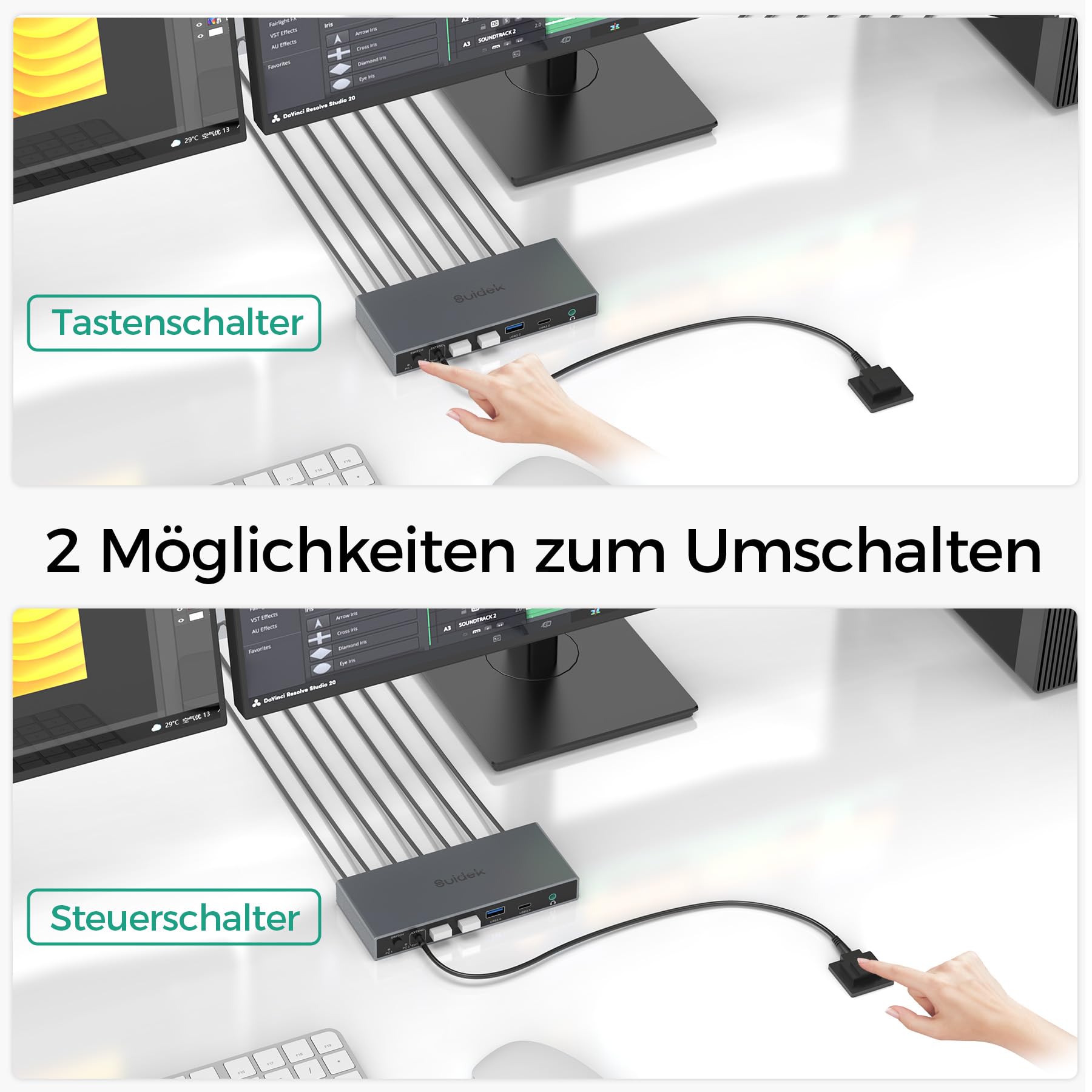 SUIDEK Displayport KVM Switch 2 Monitore 2 Computer, DP In HDMI Out 4K@60Hz KVM-Umschalter mit 4 USB- Ports für 2 DP-Computer teilen sich 2 HDMI-Monitore, inklusive Desktop-Controller und 5V-Netzteil 9