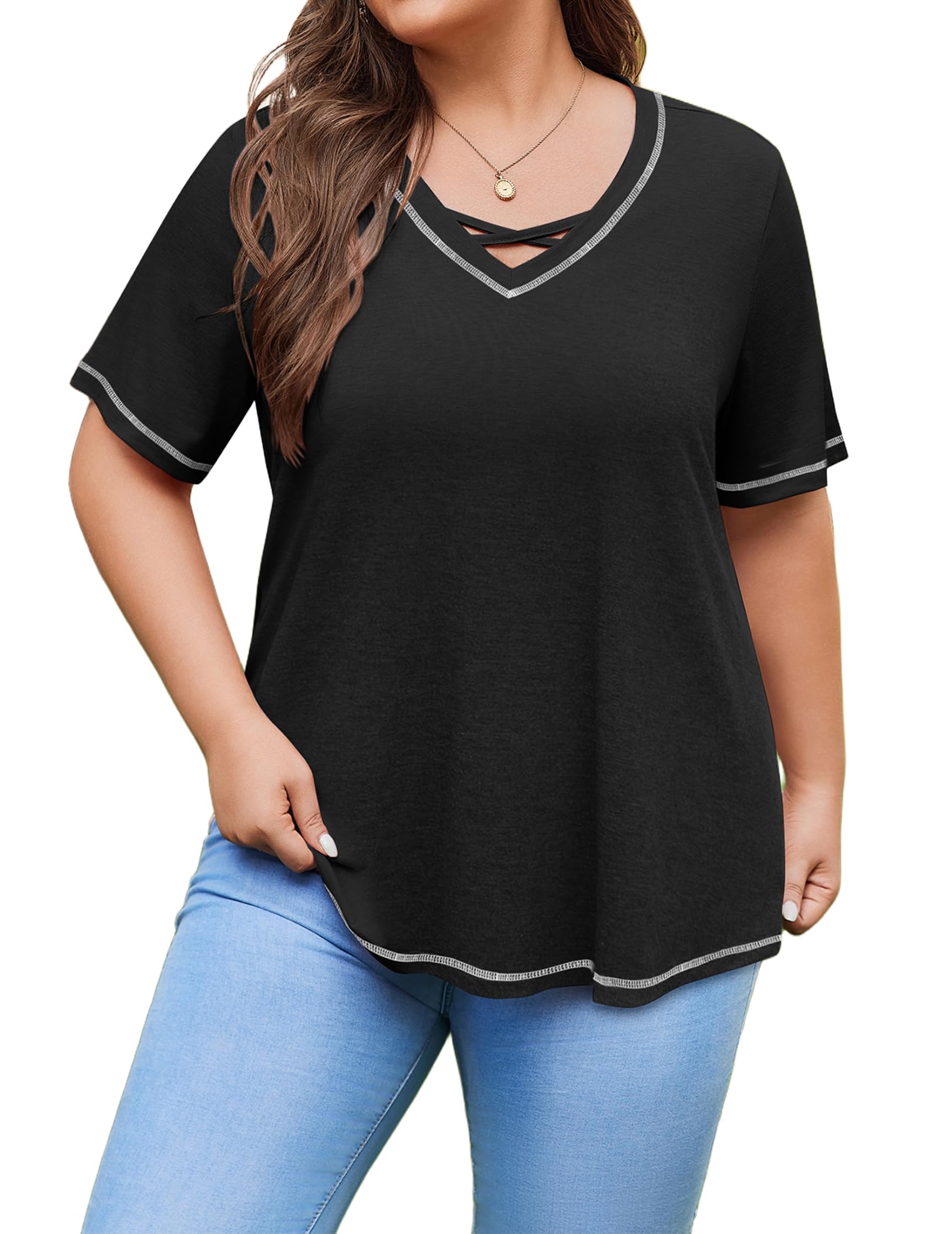 IN'VOLAND Womens Plus Size Short Sleeve Shirts V Neck Criss Cross Tunic ...