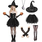 SOOFILM Halloween Witch Costume Women Set Black Tutu Skirt with Witch Hat Necklace Golves Stocks for Adult Halloween Cosplay