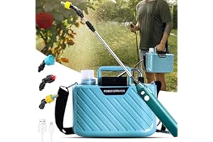 AMIATALO Battery Powered Sprayer 1.35 Gallon, Upgrade Powerful Electric Garden Sprayer with 4 Mist Nozzles, Adjustable Shoulder Strap, Rechargeable Handle and 32in Telescopic Wand, for Lawn (Blue)