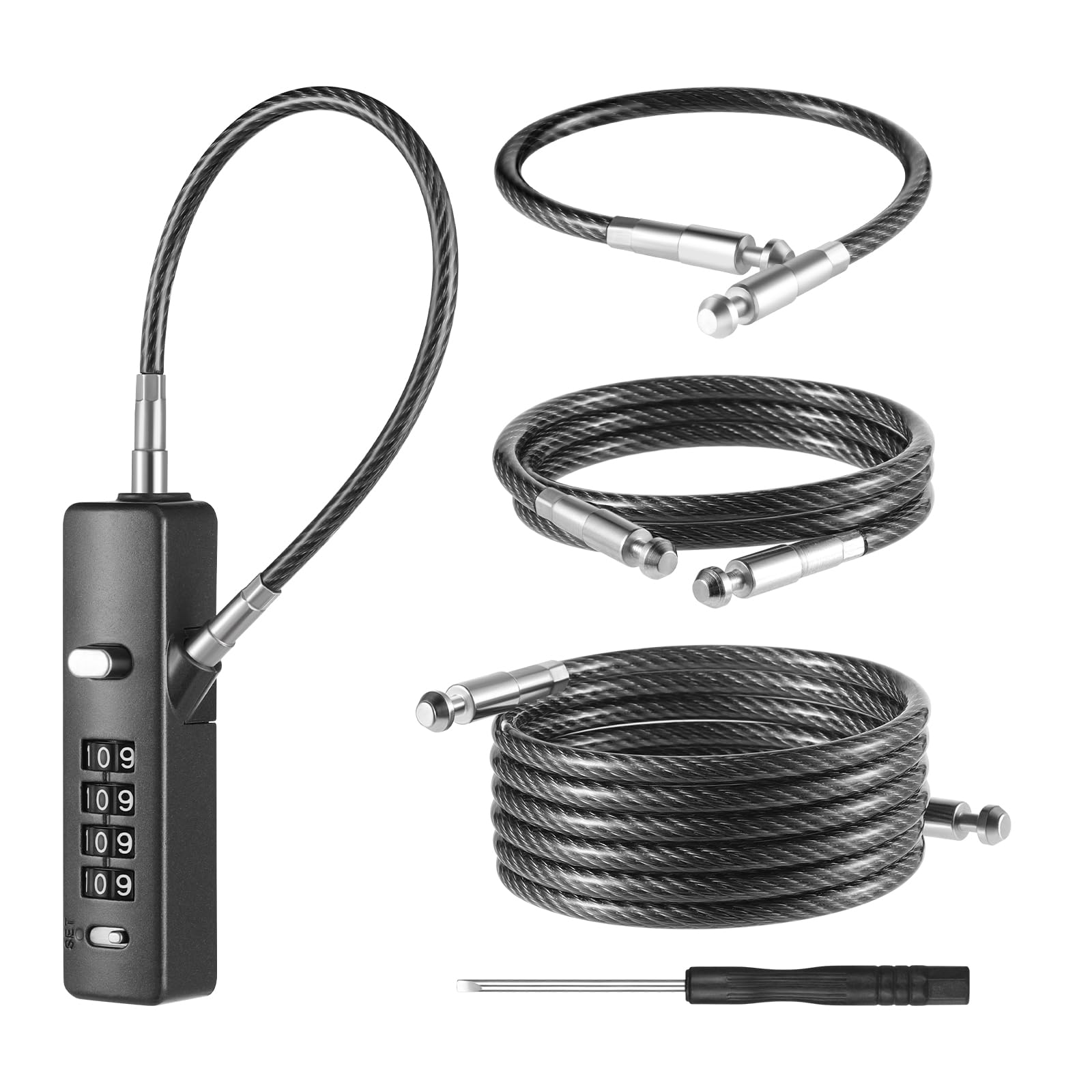 Photo 1 of ***NON FUNCTIONAL, FOR PARTS*** Fence Locks for Outdoor Gates, 4-Digit Small Cable Locks with Combination, Steel Rope Lock with 3 Lengths (9'' / 23.6'' / 47.2'') Bike Bicycle Lock for Gate, Cabinets, Door, Locker (Grey, 1 Pack)