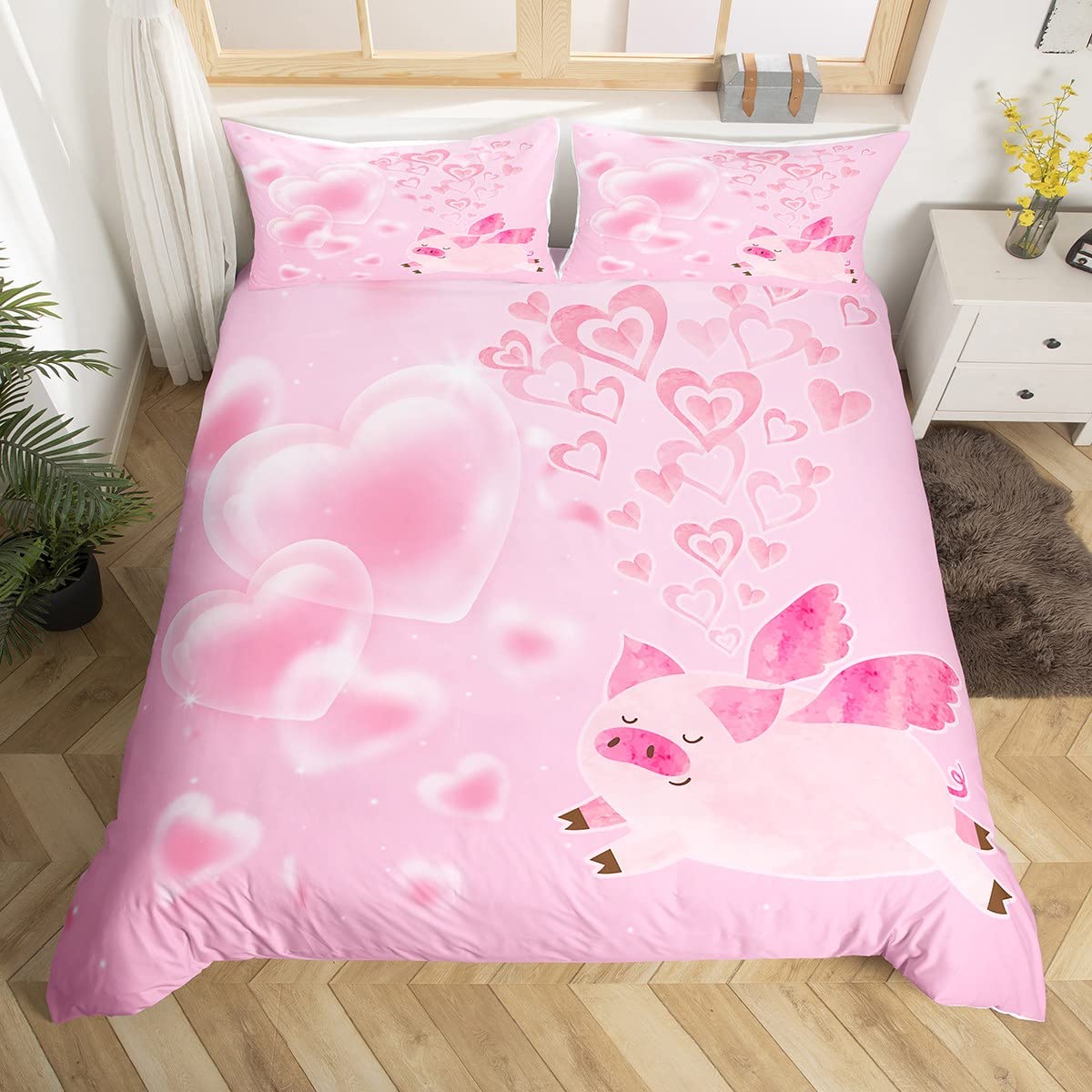 Manfei Cute Pink Pig Duvet Cover Set King Size, Lovely Animal Bedding Set 3pcs for Kids Girls Teens Bedroom Decor, Pink Hearts Print Comforter Cover Soft Polyester Quilt Cover with 2 Pillowcases — image 1