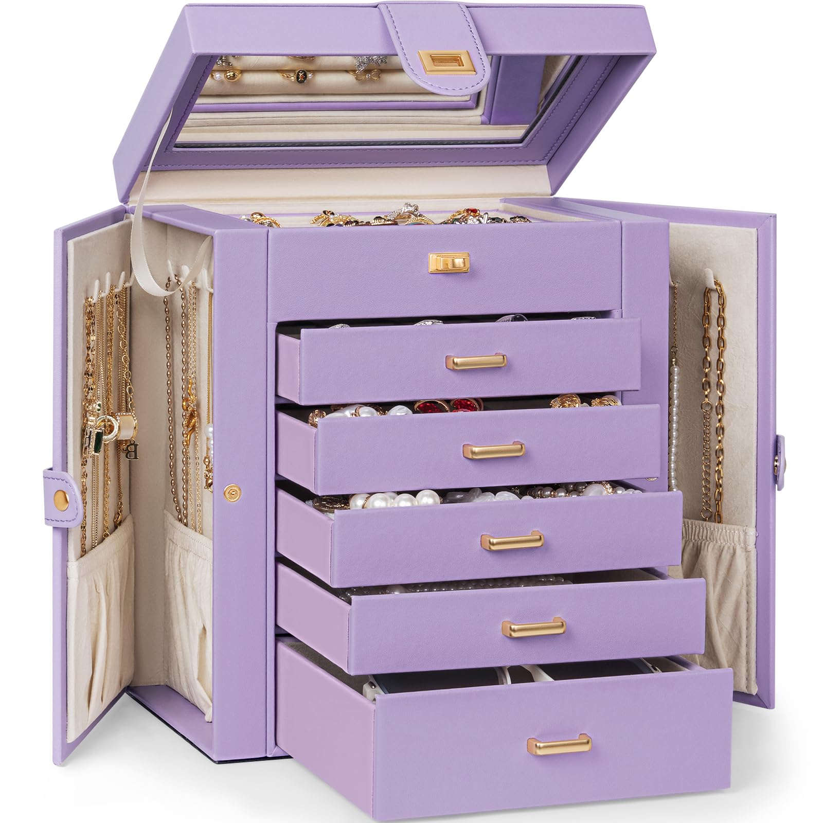 AKOZLIN 6-Tier Jewelry Box Organizer Functional 5 Drawers Leather Jewelry Storage Case for Women Girls Ring Necklace Earring Bracelet Holder Organizer with Mirror Violet Image